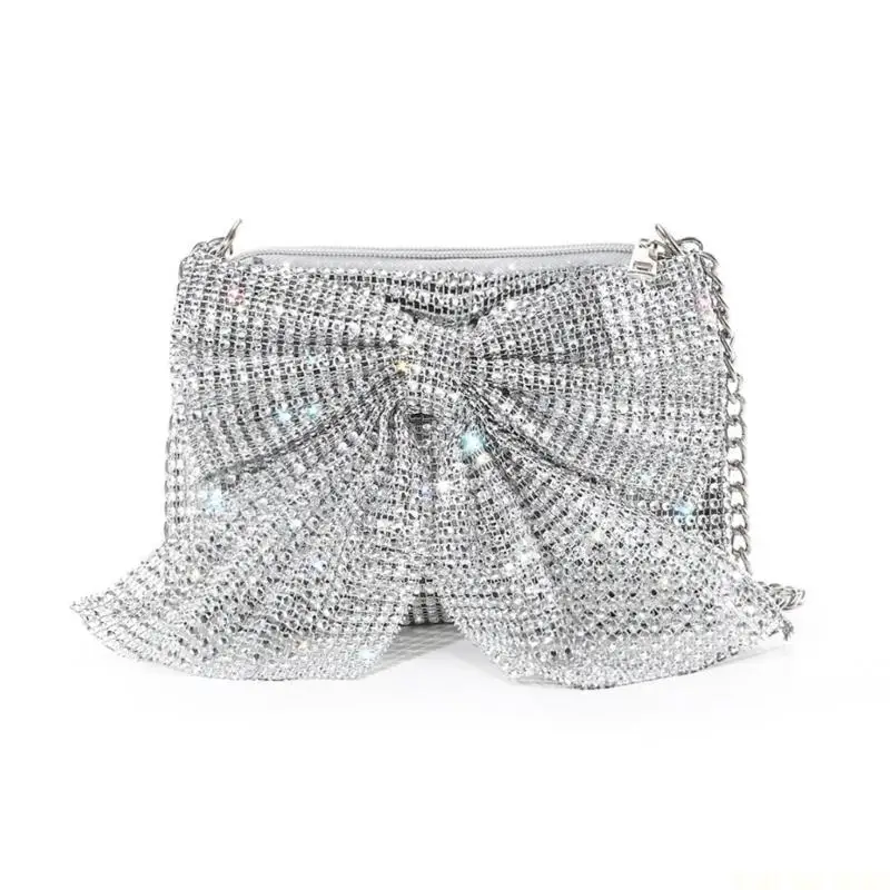 

X90D Fashionable Ladies Glitter Bows Chain Dinner Bag Underarm Purse Shoulder Handbag