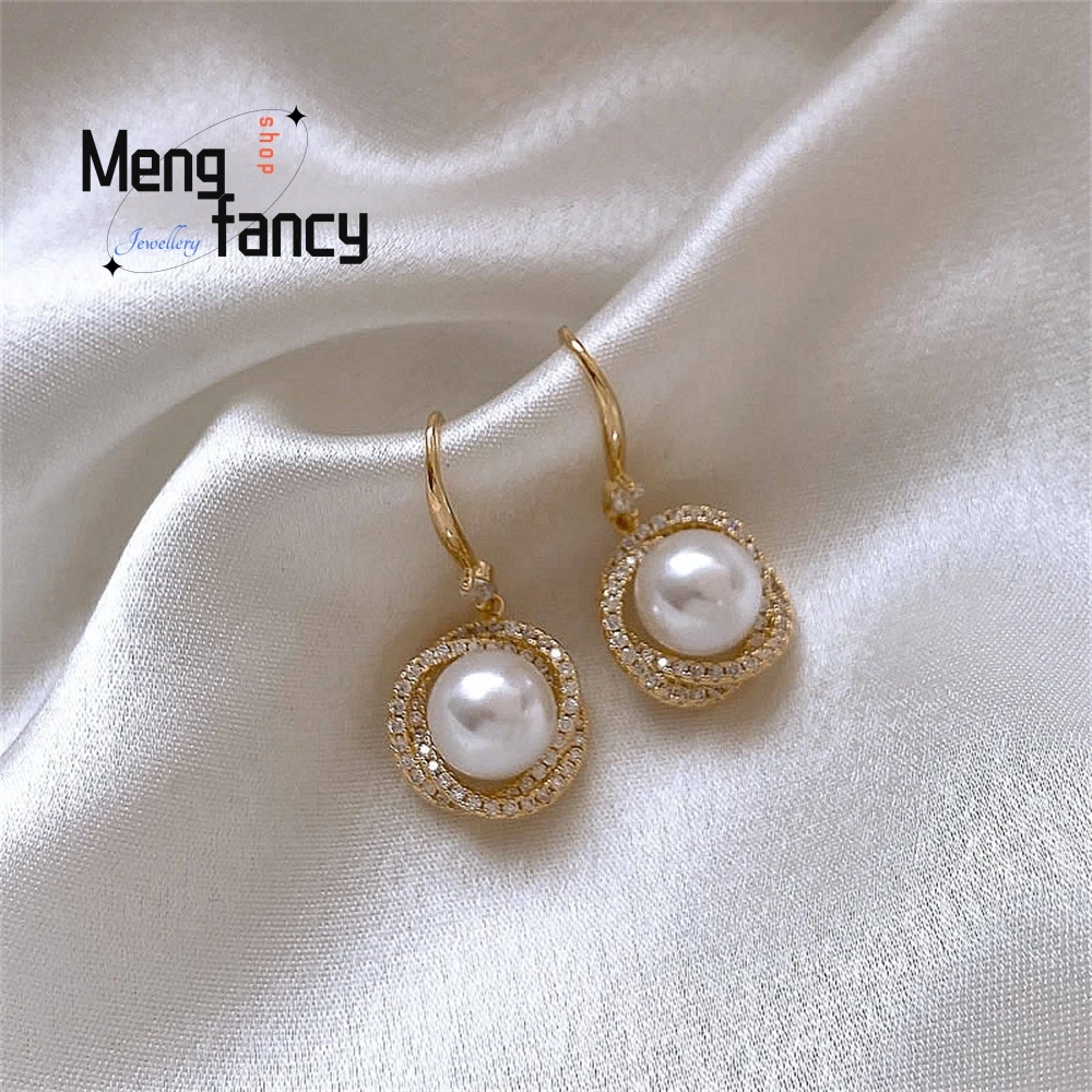 Micro-conjunto de ganchos de orelha de pérola espiral de zircônia, brincos retrô da moda feminina, brincos de pérola elegantes e famosos na internet