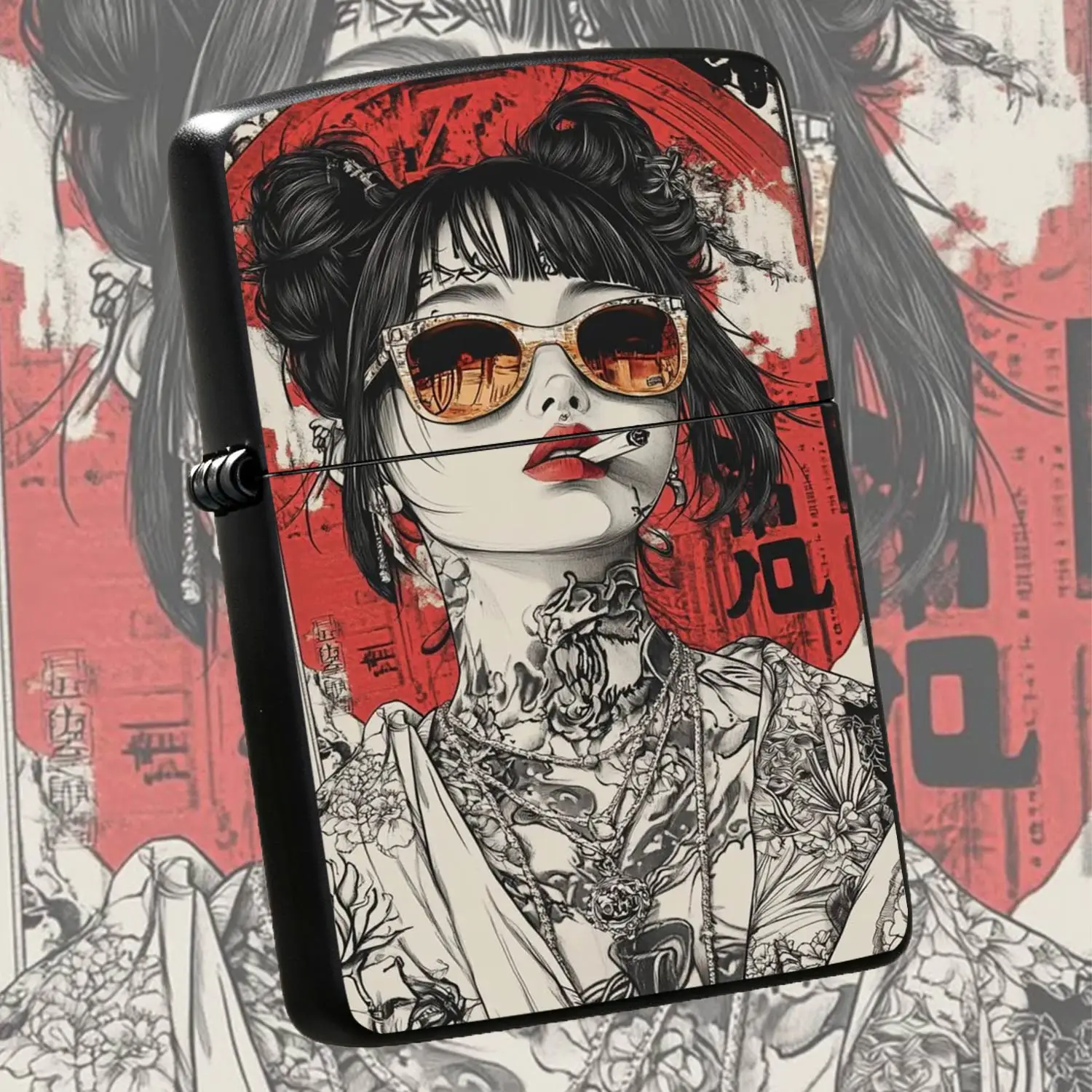 Trendy Ukiyo-E Geisha Printed Lighter, Retro Red Tone Hand-Drawn Aesthetic Portable Igniter, Stylish Street Art Daily Use Accessory, Multi-Scenario Practical Compact Goodie, Ideal For Personal Gifting To Trendy Friends Daily Carry A Humorou