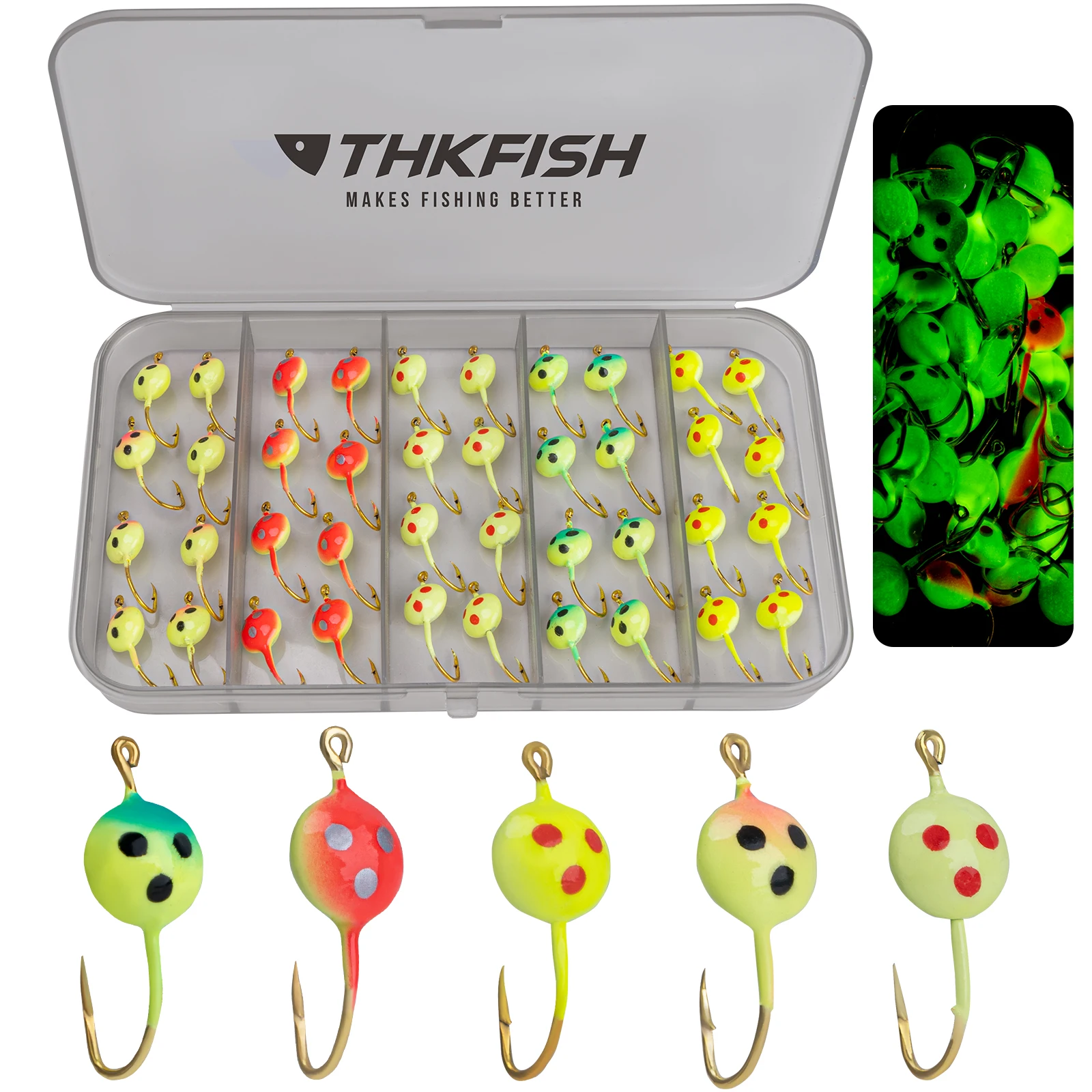 

THKFISH 40pcs Glow Jig Hooks For Ice Fishing 3g Jig Head Lures For Crappie Perch Panfish Winter Ice Fishing Jigging Hook