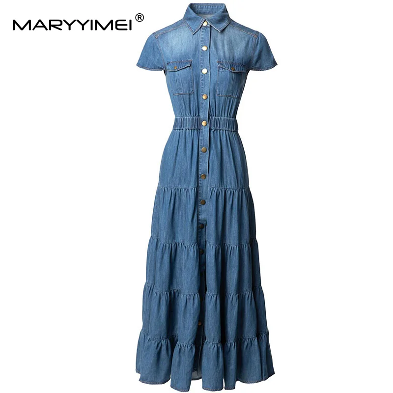 

MARYYIMEI Women's Elegant Commuter Style Dress Summer Turn-Down Collar Garment sleeves Single-Breasted Denim dresses