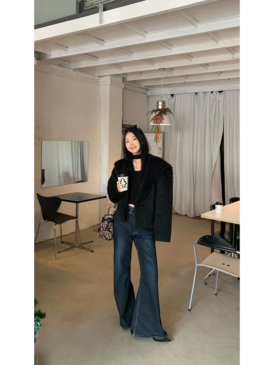 Modne luźne jeansy z szerokimi nogawkami, niebieskie, z wysokim stanem, damskie, jesienno-zimowe, nowe, modne spodnie typu flare marki G Sle