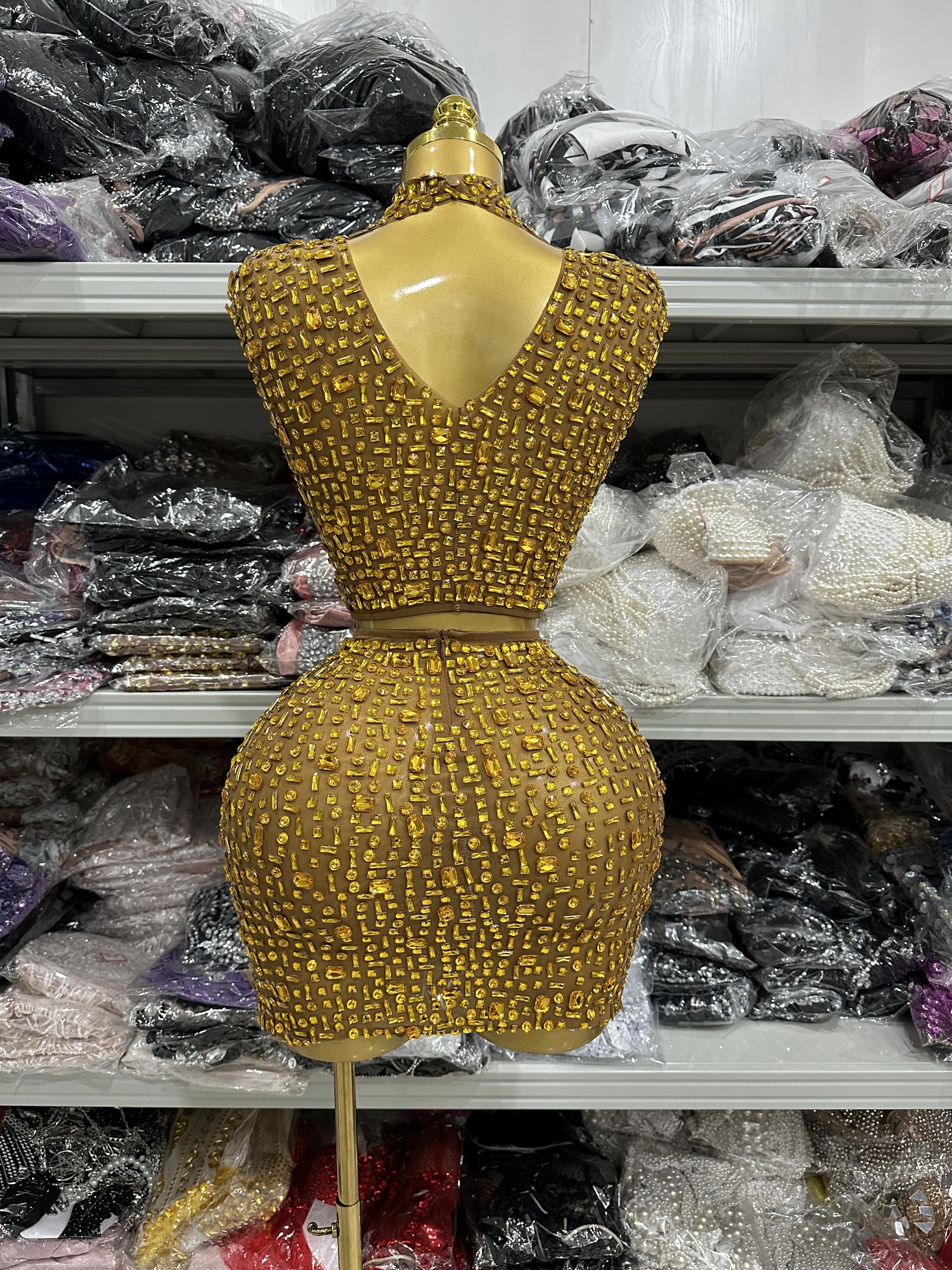 Women Sexy Two Pieces Set Women Skin Crystal Diamond Night Club Skirt Suits Singer Dancer See Through Stage Performance Costumes