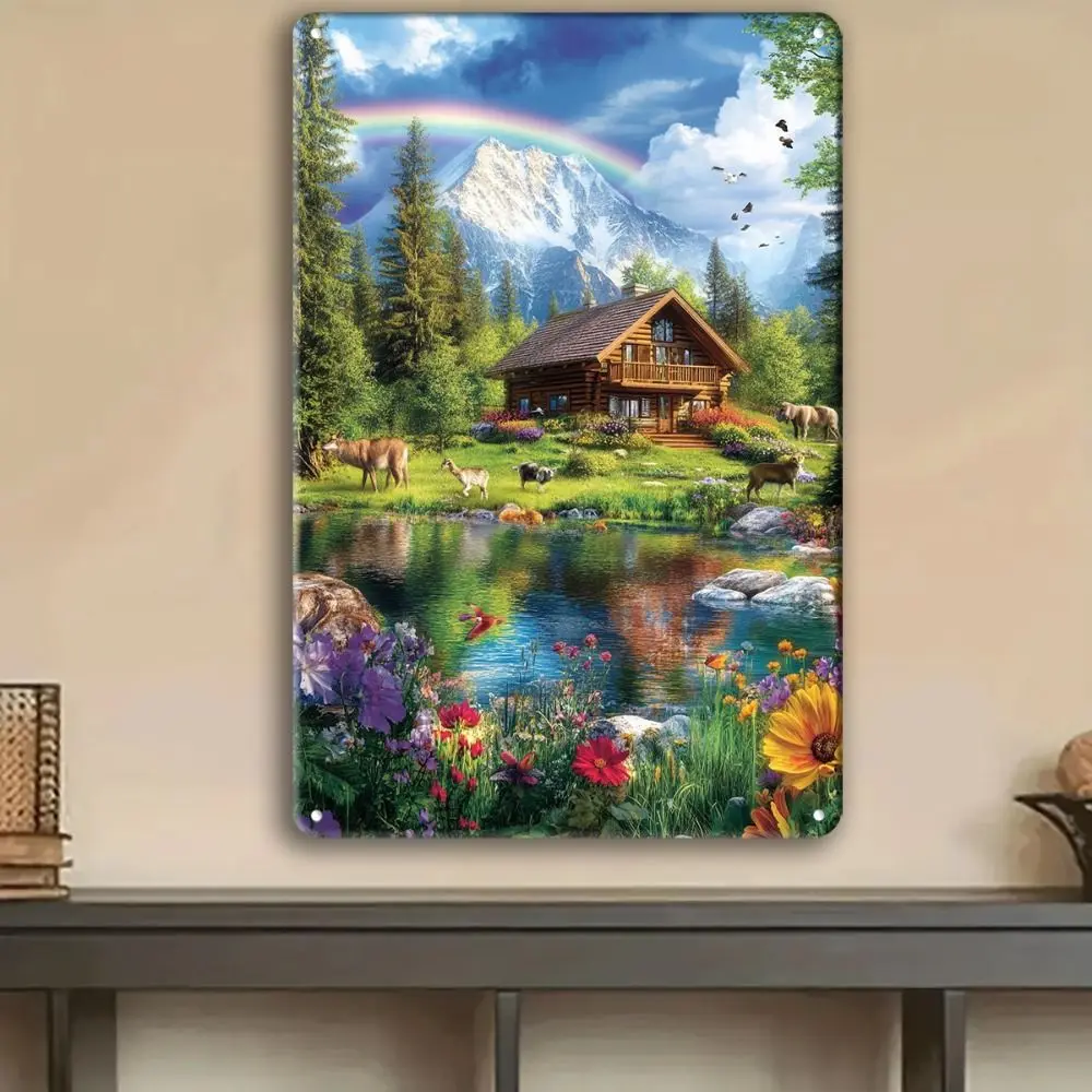 CIFBUY Mountain House with Lake & Rainbow Metal Sign, 20x30 cm, Gift for Nature Lovers, Rustic Outdoor Wall Decor