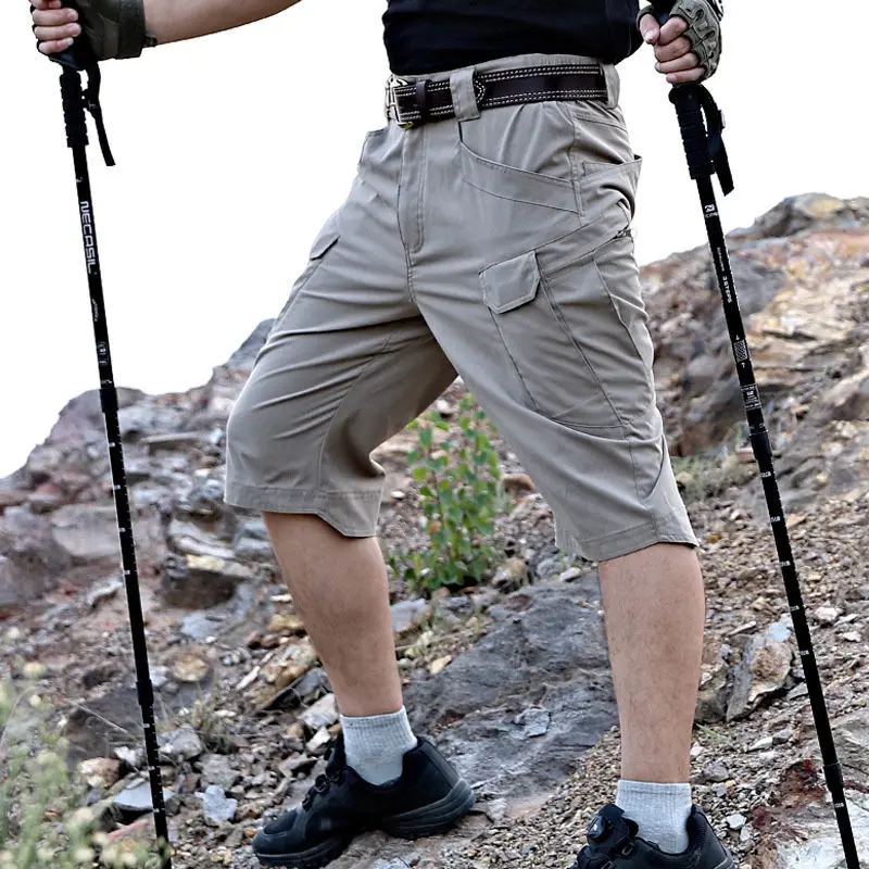 Macacão novo masculino para verão, roupa de trabalho, shorts táticos impermeáveis, calça de cinco bolsos de praia, calça casual elástica