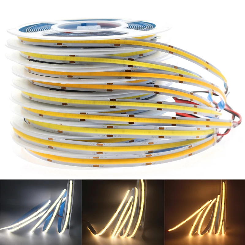 12V 24V COB LED Strip Lights Tape Diode 12 24 V Volt 320/384/528LEDs/m 0.5m 1m 2m 3m 4m 5m High Density Flexible Linear Dimmable