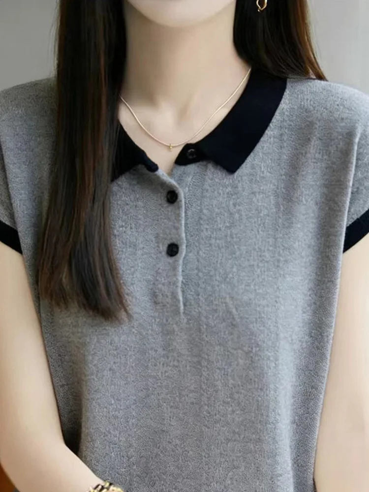 

Женская летняя футболка с коротким рукавом и воротником-стойкой, в стиле колор-блок, на пуговицах, простая, повседневная, свободного кроя, влагоотводящая