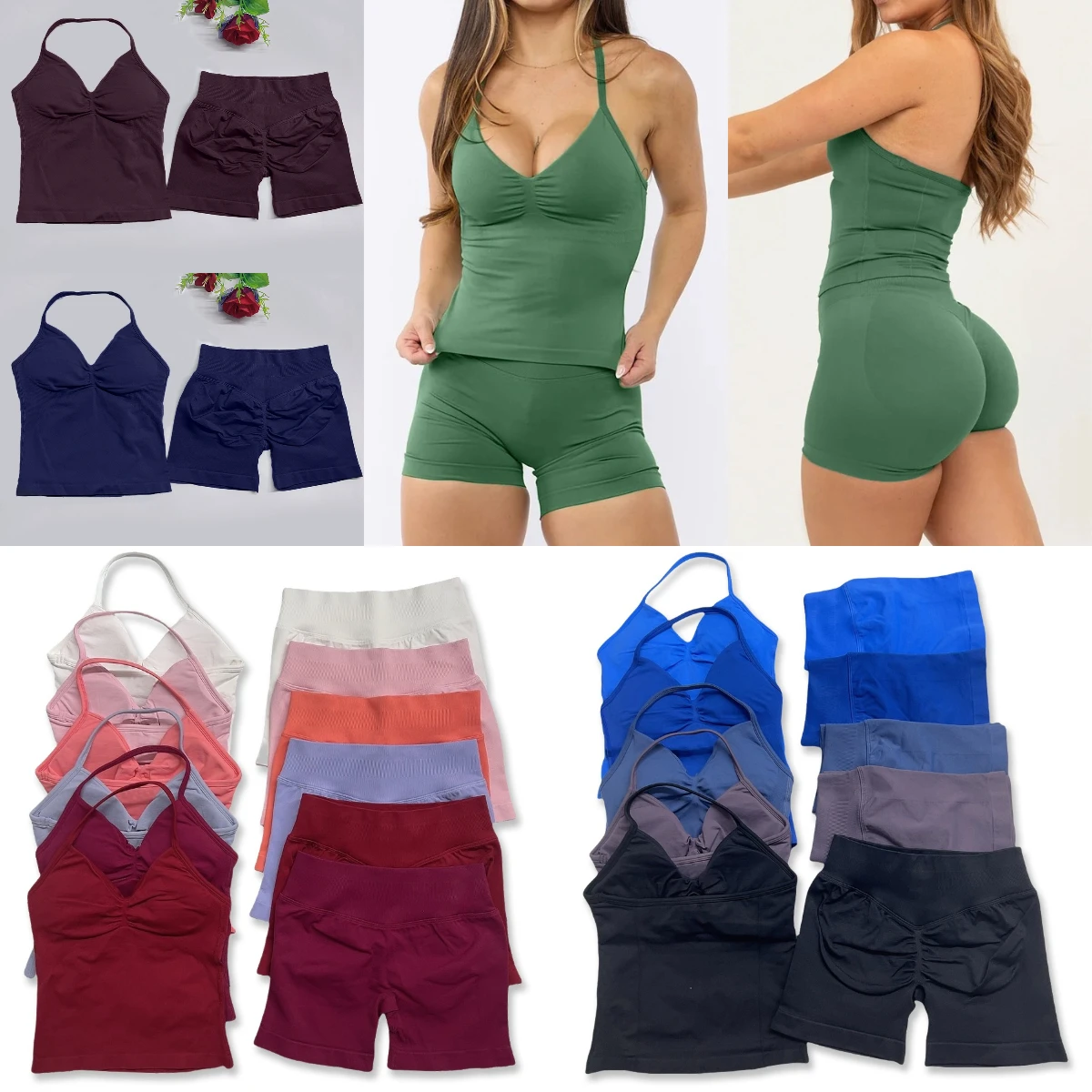 Conjunto de yoga DF Impact de 2 piezas para mujer, top sin costuras con tirantes largos y pantalones cortos deportivos con efecto fruncido, ropa de gimnasio, conjunto de entrenamiento para mujer