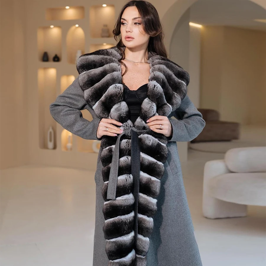 Wool Blend Jacket Women Cashmere Coat Women Real Woolen Coat With Rabbit Fur Trim Hot Selling