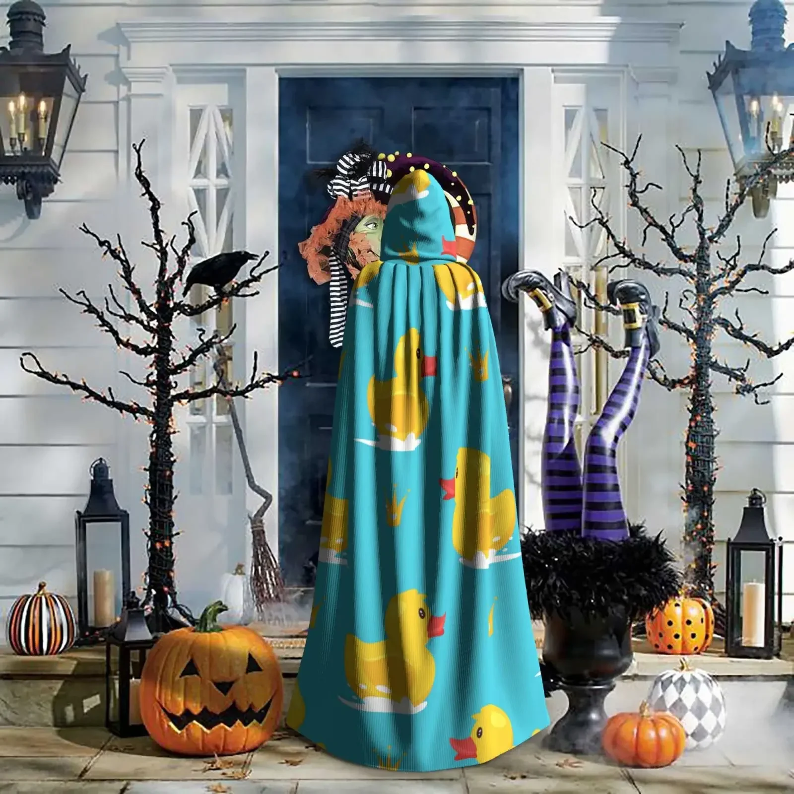 Costume cosplay unisex con cappuccio, cartone animato, anatra di gomma gialla e corona dorata, mantello da strega da vampiro