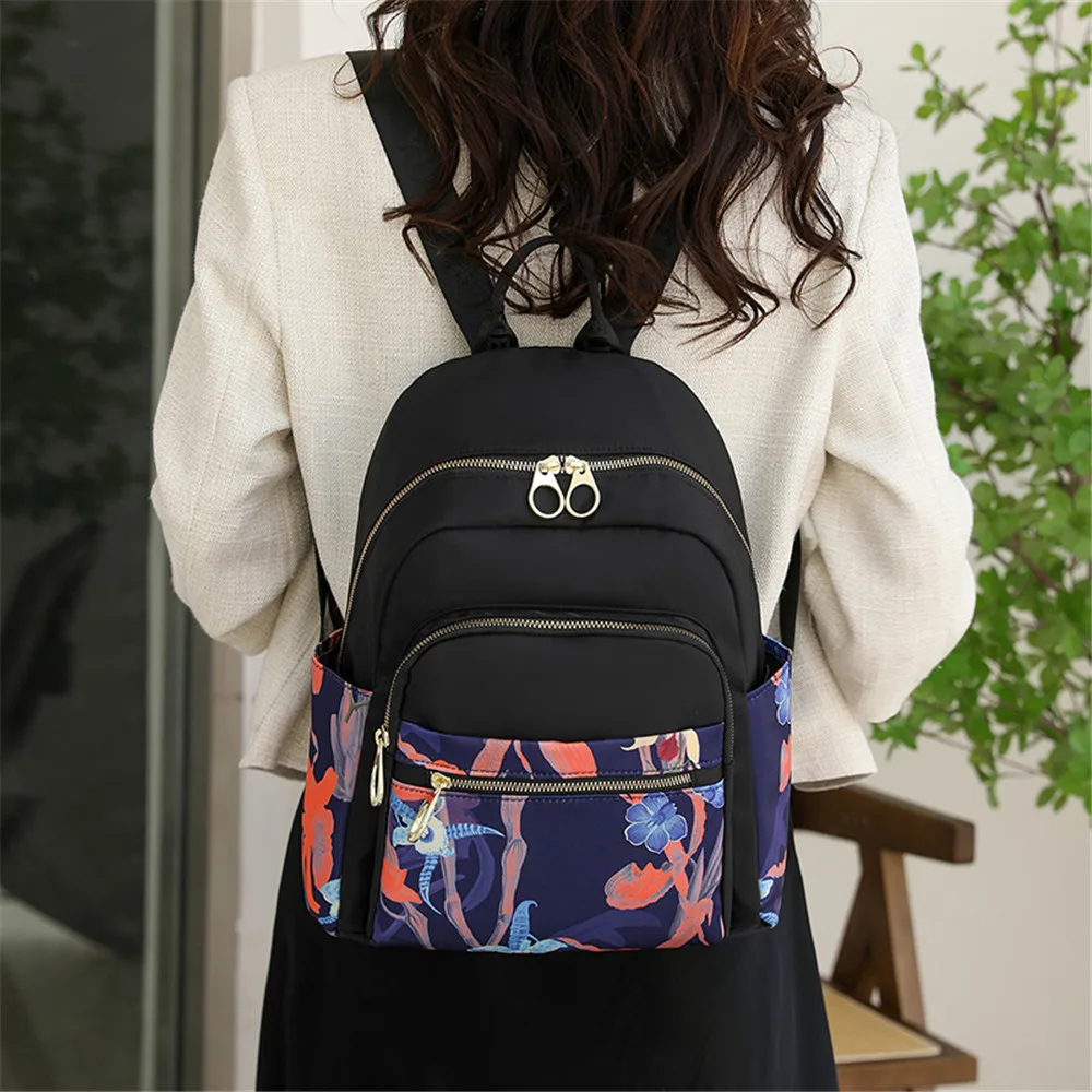 Female Fashion Lady Large Capacity Flower Print College Backpack Trendy Women Nylon Laptop School Bags Girls Travel Book Bag Sac