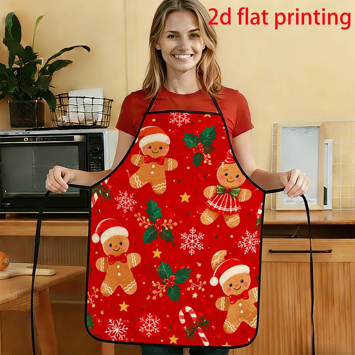 1pc 2D Flat Cartoon Illustration Style Gingerbread For Man Holly And Snowflake Pattern Printed Apron Durable And Easy To Clean W