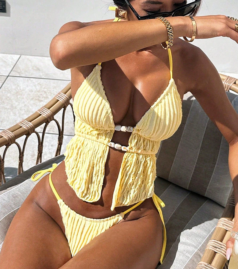 مثير التجاعيد Tankini الرسن بيكيني النساء 2026 الصلبة البيكينيات انقسام ثوب السباحة الصيف الدانتيل يصل ملابس السباحة بحر