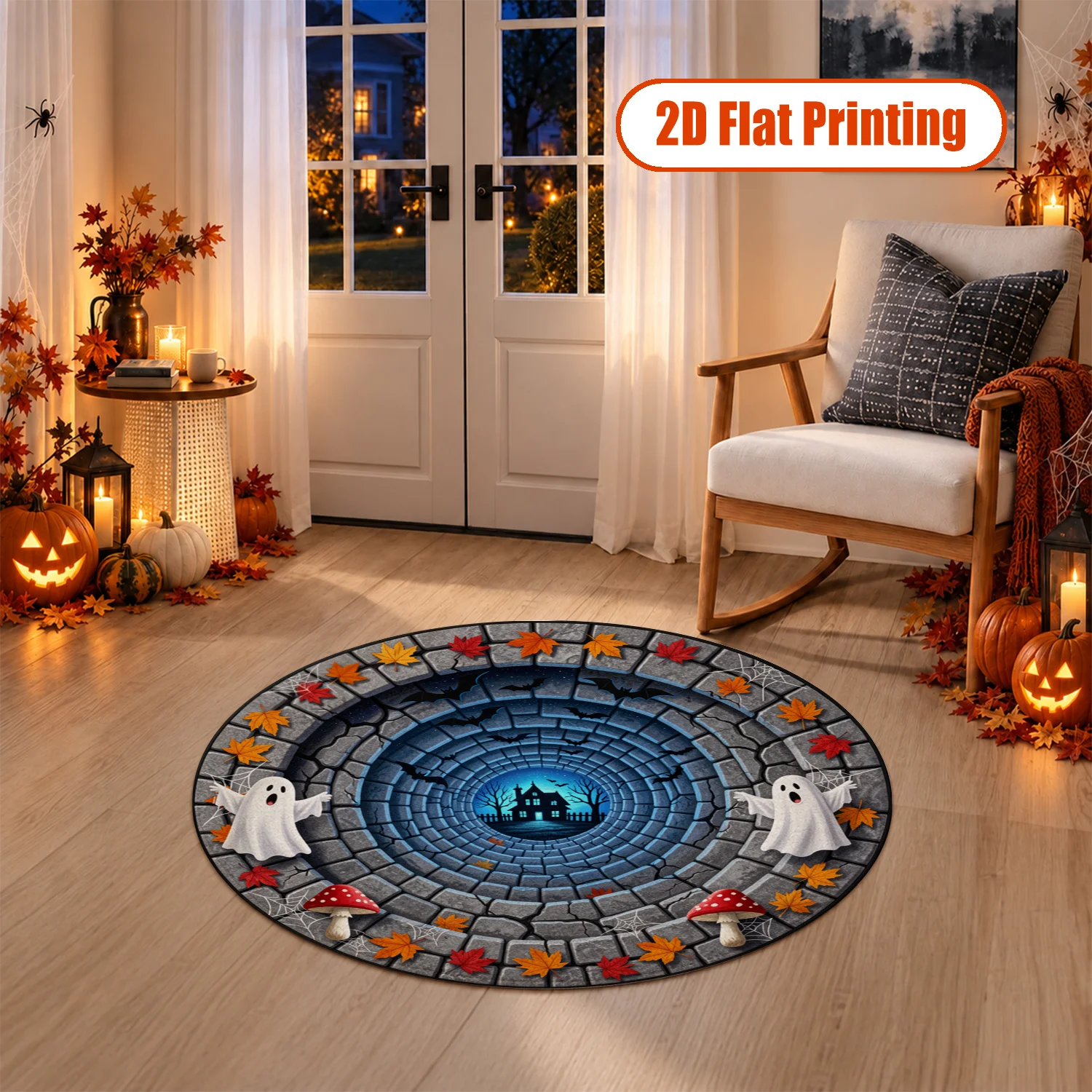 Halloween Ghost Haunted House Pattern Round Velvet Rug Machine Washable for Living Room Bedroom Entryway Dining Balcony Perfect for Halloween Thanksgiving Christmas New Year Black Friday Cyber Monday