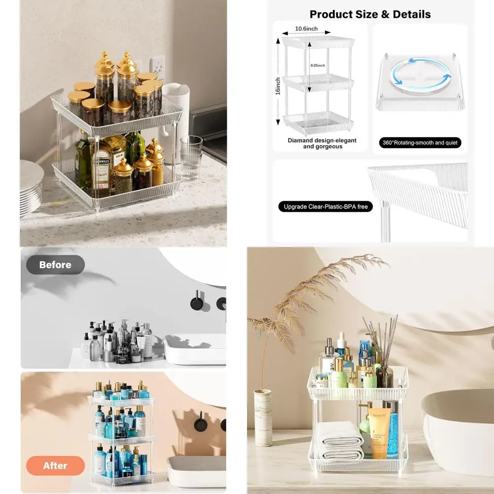 

Rotating 3-Tier Clear Square Bathroom Organizer, Vanity Cosmetic & Perfume Storage, 360° Spinning Tray for Countertops