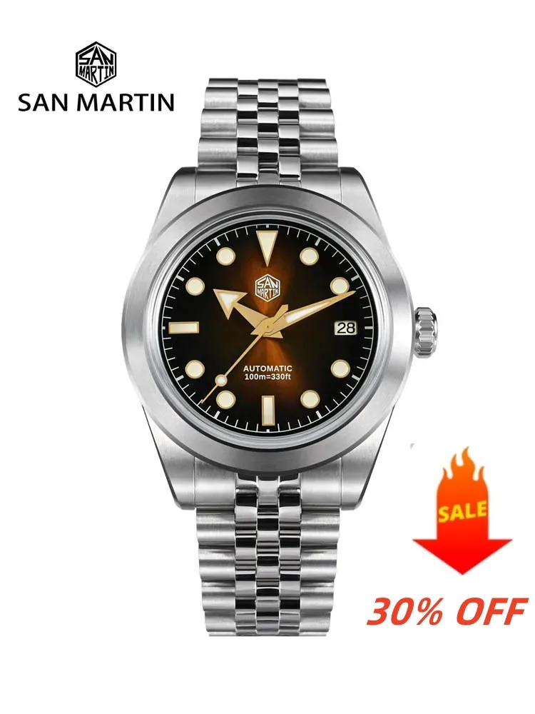 San Martin 39mm Men Sport Watch Sunray Enamel Dial NH35A Automatic Mechanical Sapphire Waterproof 100m BGW-X1 Luminous SN0053