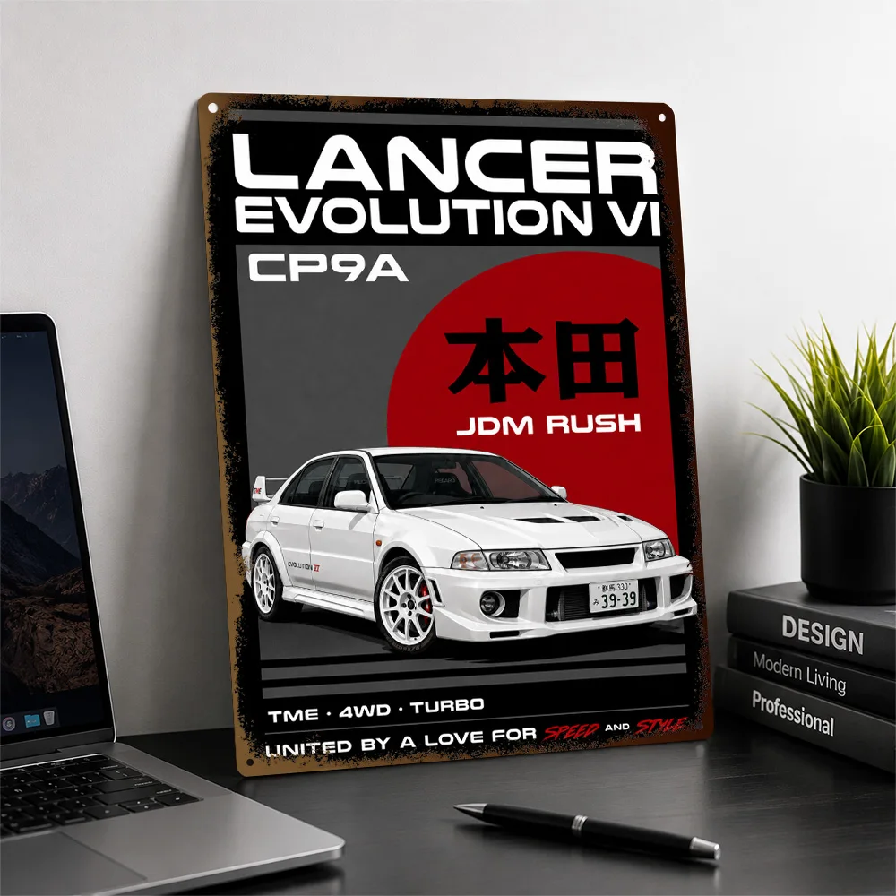 Japan Lancer Evolution VI TME CP9A Scotia White Rally Car Textured Poster Customized Metal Tin Sign Wall Art Perfect For Home