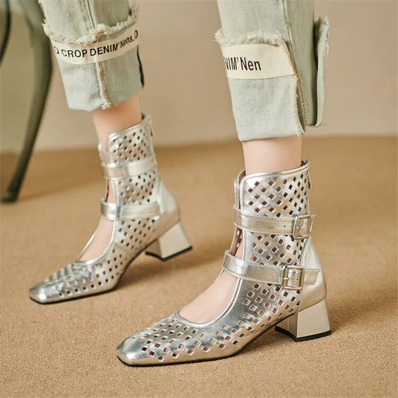 New Summer Sandals Square Toe Chunky Heels Fashion Hollow Out Sandals Shoes for Women Zapatos De Mujer Mesh Boots Sandals