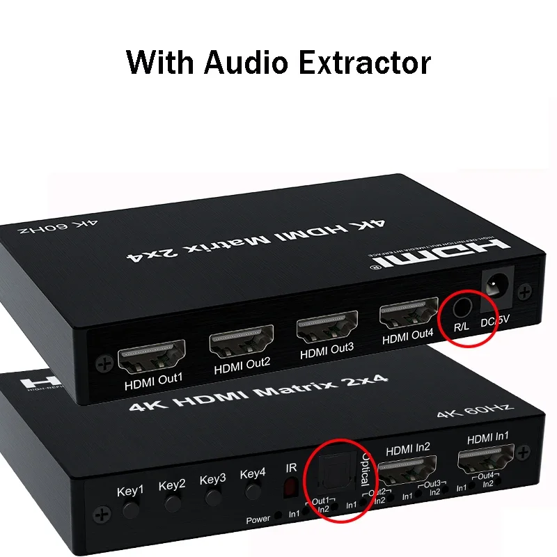 4K 60Hz HDMI Matrix Switch 2x4 4x2 Matrix HDMI Switch Splitter 2 in 4 out with R/L Audio Extractor Video Audio Switch Converter