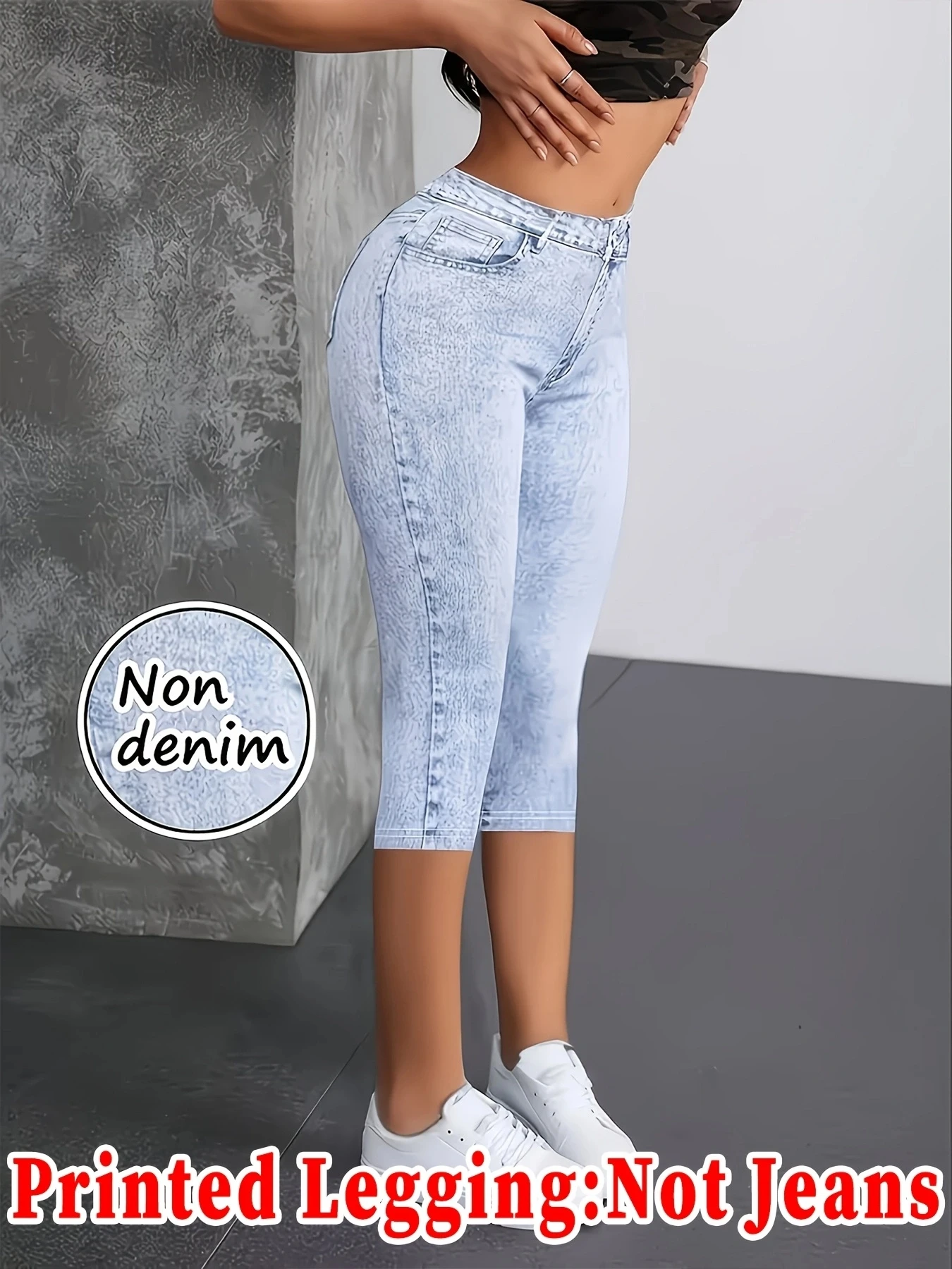 Printed Leggings, Not Denim Fabric, Fake Pocket & Button Print Capri Pants, High‑Stretch New Fashion Skinny Pants