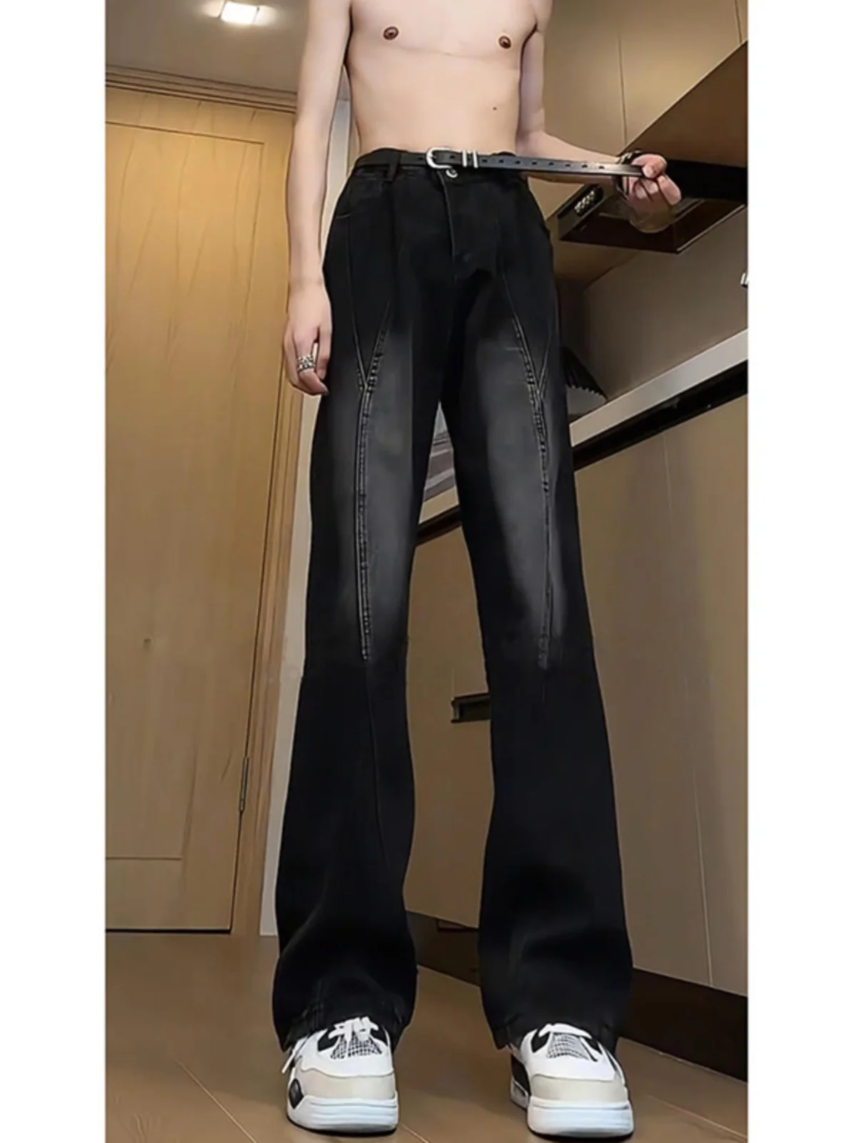 

Men's Bla ey Micro Flared Straight Leg Jeans Vintage Waed Autumn High Street Long Trousers Splicing Design Casual Denim