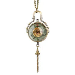 Antique Transparent Glass Ball Shape Men Women Hand-Winding Mechanical Pocket Watch Roman Numeral Pendant Chain Clock