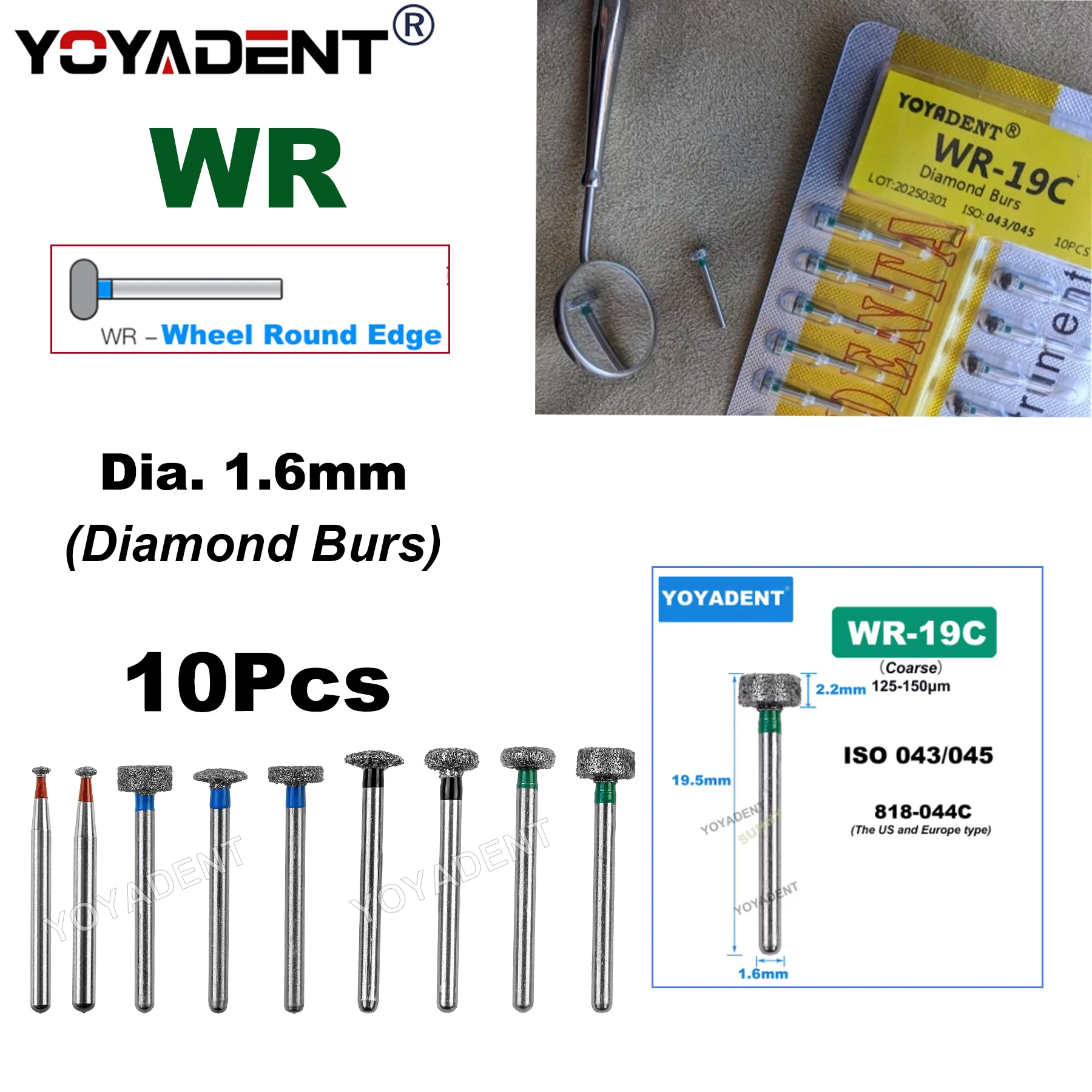 

10 шт. WR стоматологические алмазные боры, стоматологическая дрель, круглый край для высокоскоростного наконечника, инструменты для полировки стоматологической лаборатории, диаметр. 1,6 мм
