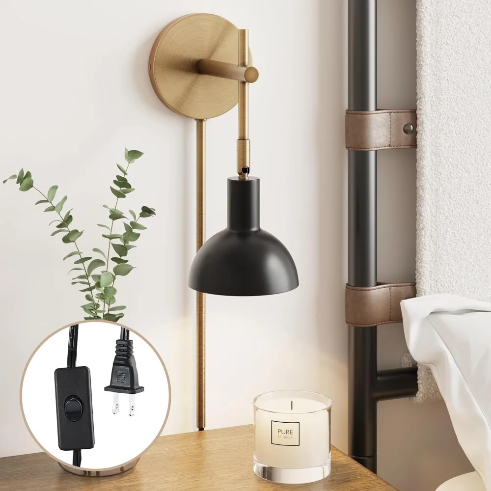 

Vintage Brass Matte Black Wall Sconce Plug in Light with On Off Switch for Living Room Bedroom Reading Nook