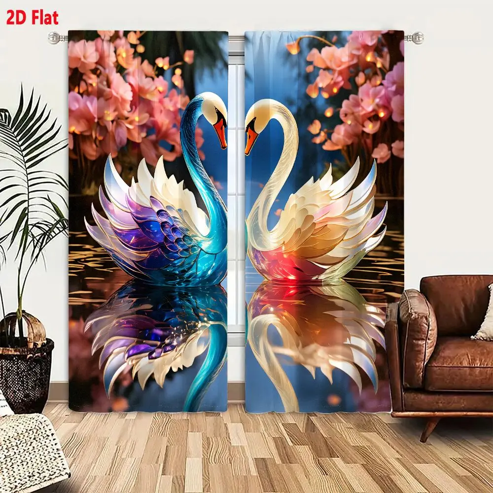 2Pcs Curtains 2D Flat Stylized Swans Heart Shape Neck On Reflective Water Surface With Blue Purple White Pink Gold Accents Orang