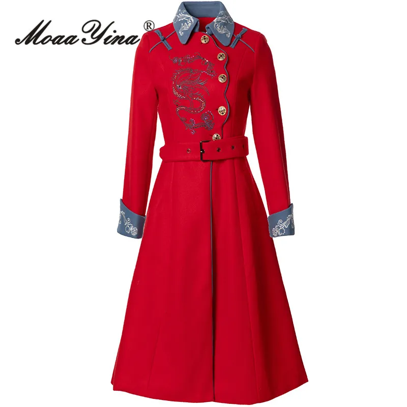 2024 Luxury Brand High Quality Vintage Coat Women Turn-down Collar Single-breasted Lace-up Tunic Embroidery Long Overcoat