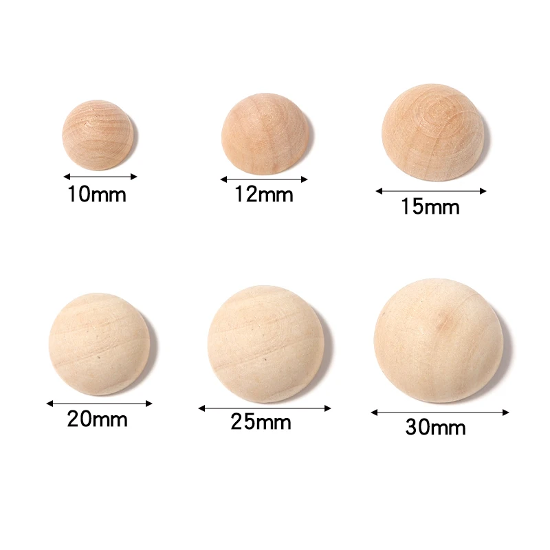 10/12/15/20/25/30mm Natural Half Wooden Beads Half Unfinished Wood Balls Split Wood Beads for DIY Craft Toy Home Decoration