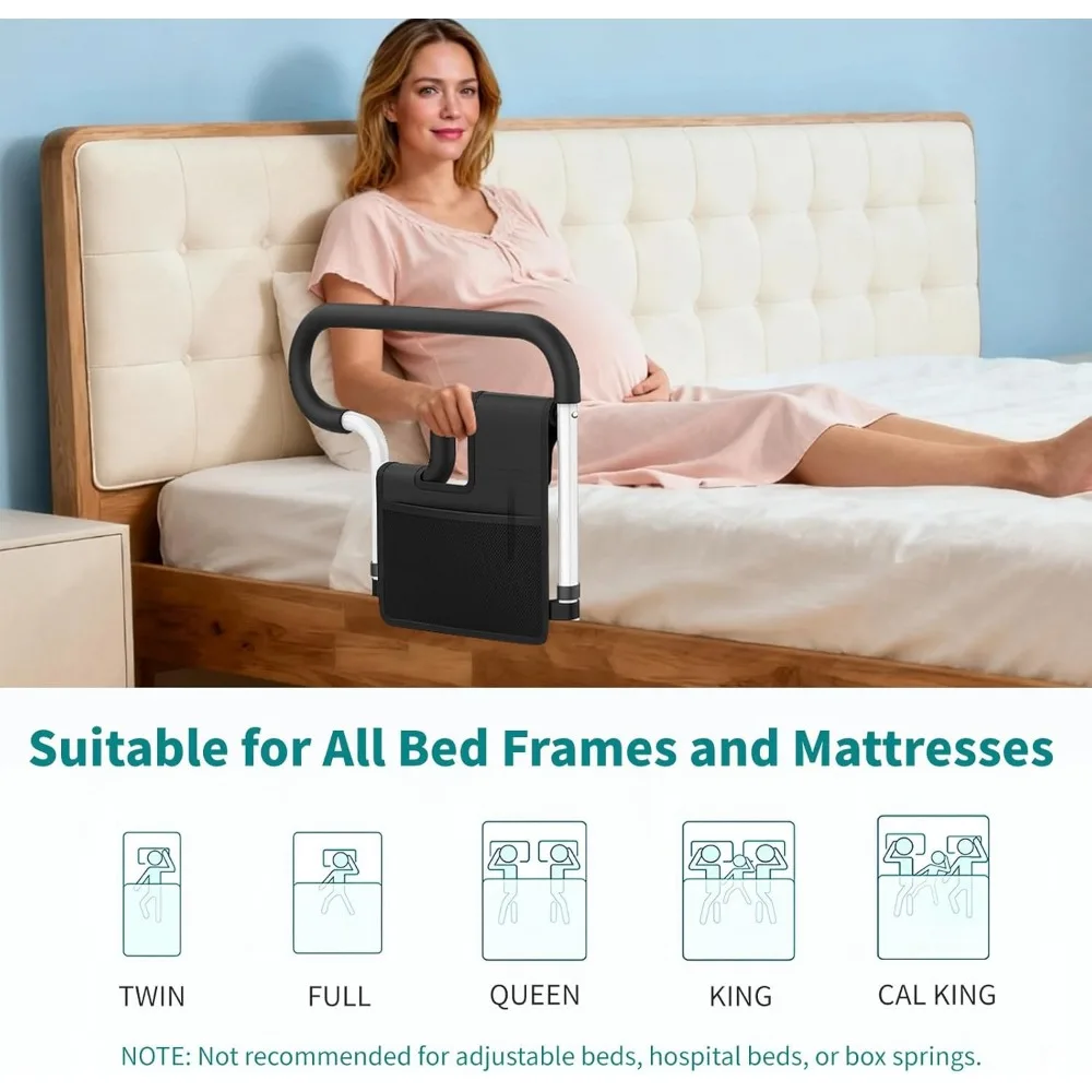 Riel de seguridad para cama ajustable para personas mayores con bolsillos de almacenamiento, soporta 300 libras, se adapta a todos los tamaños de colchón