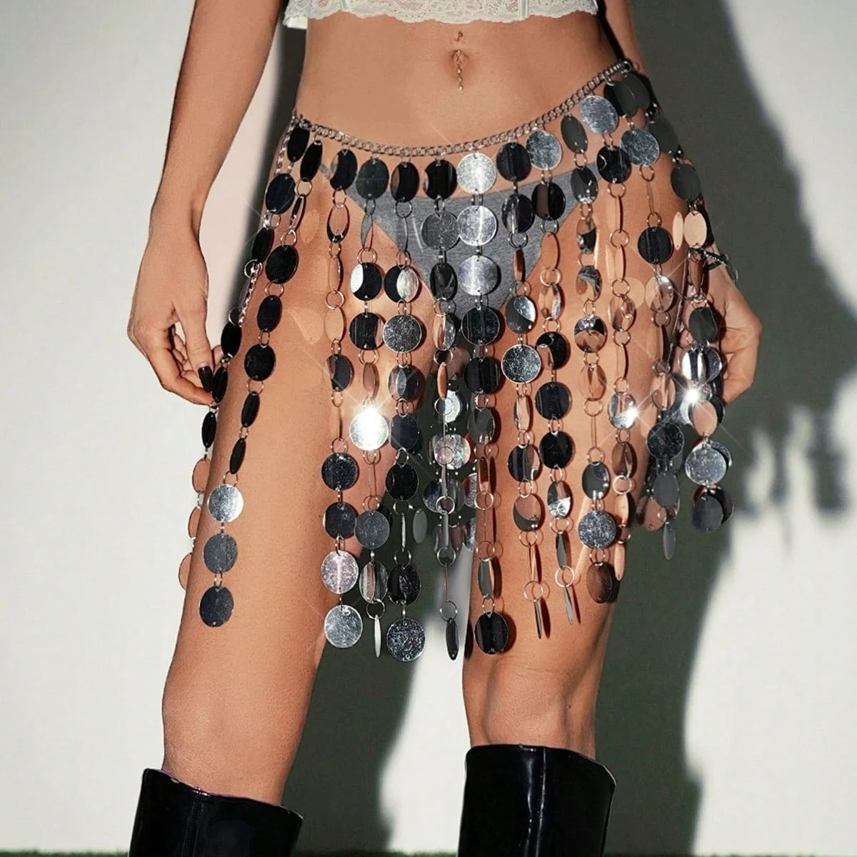 

Women Summer Acrylic Sequins Mini Skirt Sexy Perspective Hollow Out Hot Girl Short Skirt Music Festival Party Club Skirt New