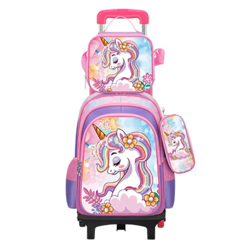 Girls School trolley bags with lunch bag pen bag School Rolling backpack Set kids school wheeled backpack school bag on wheels