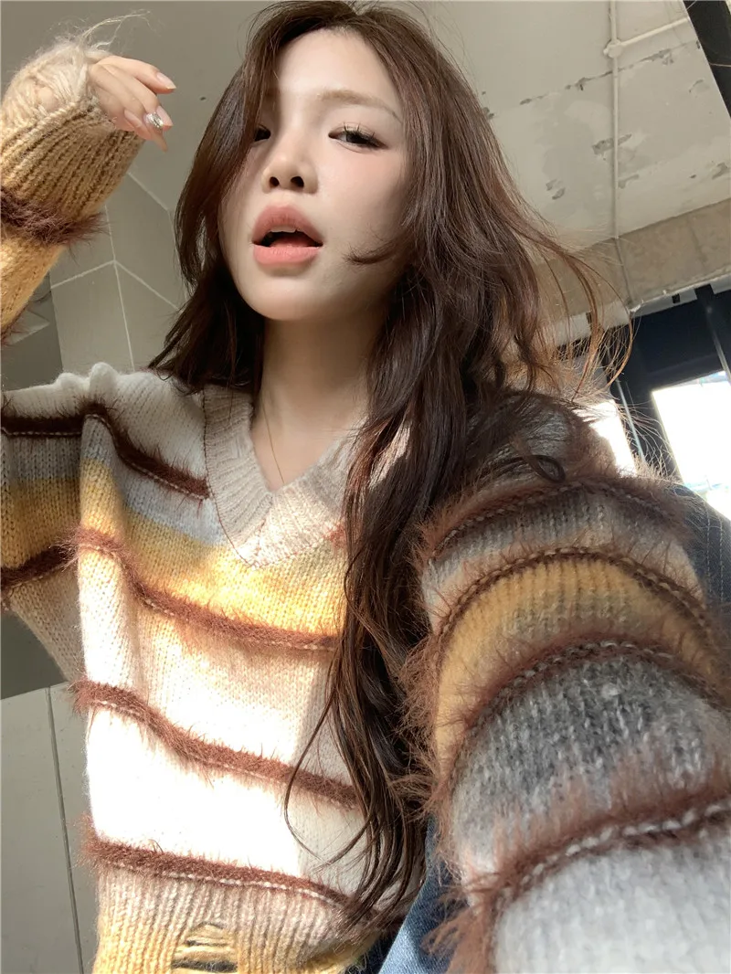 Women Striped Pullover Knitted Sweater 90s Aesthetic Harajuku Long Sleeve Sweater Y2k 2000s Vintage Fashion Clothes 2024