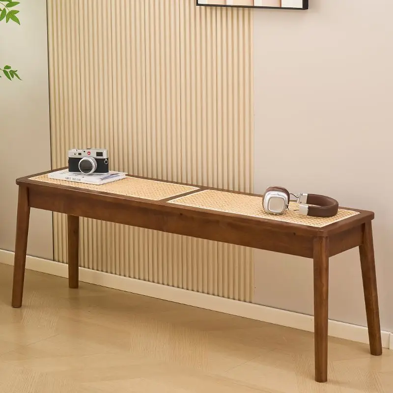 Rattanbank, Retro-Heimhocker aus massivem Holz, lässiger Rattanhocker