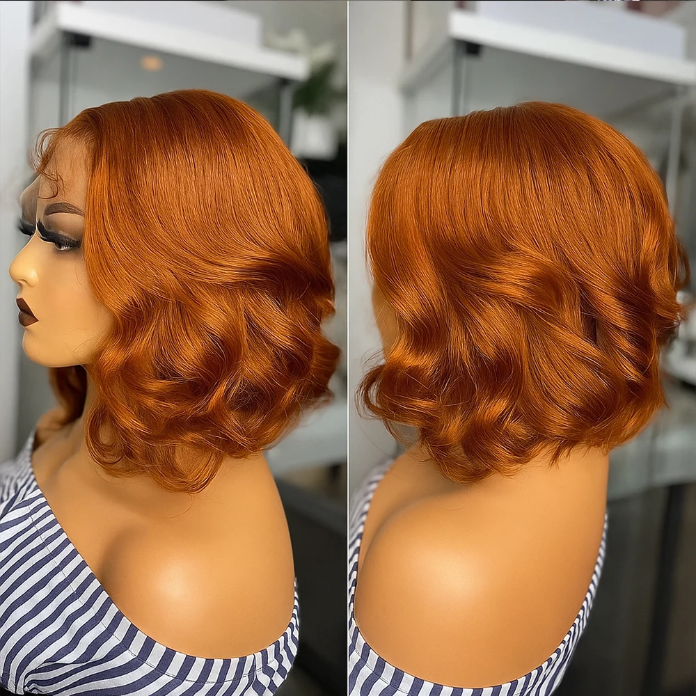 

Объемная волна Оранжевый Рыжий Короткий парик Боб 4x4 HD Прозрачный парик с фронтальной застежкой # 350 предварительно выщипанных бразильских париков из натуральных волос