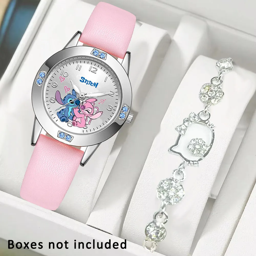 ساعة ديزني ستيتش كارتونية للنساء بحزام فولاذي عالي الجودة من الماس كوارتز ساعة يد للسيدات والفتيات مع سوار هالو كيتي