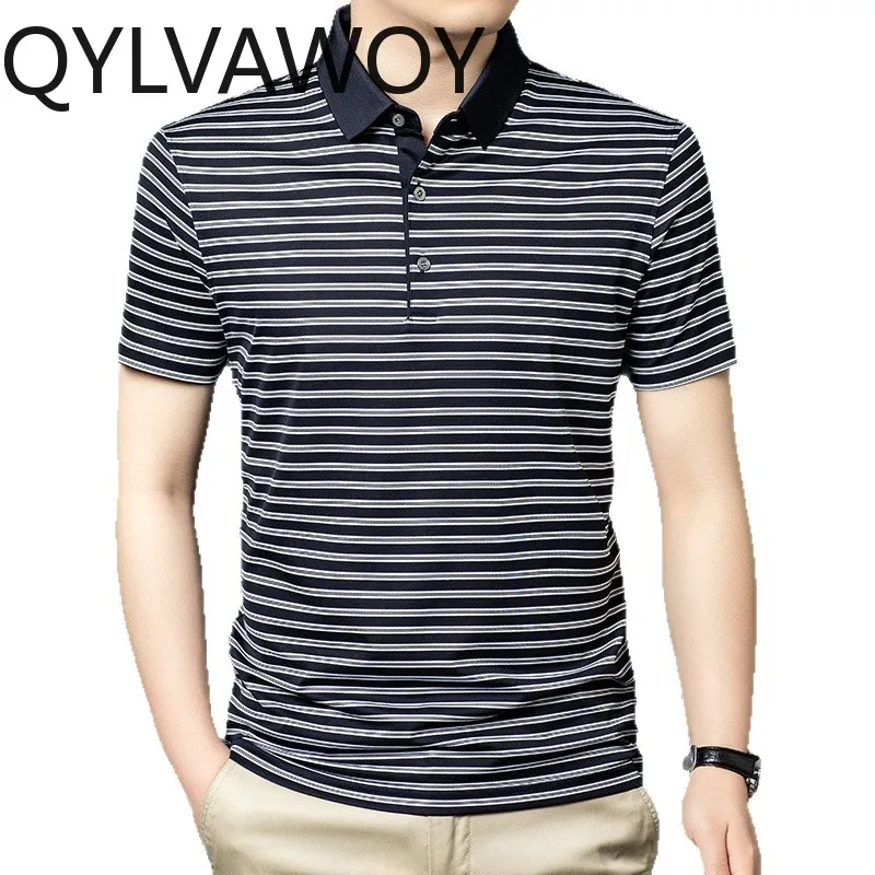 

Рубашка-поло QYLVAWOY: Новая летняя мужская футболка-поло из шелка тутового шелкопряда в полоску, с коротким рукавом, повседневная