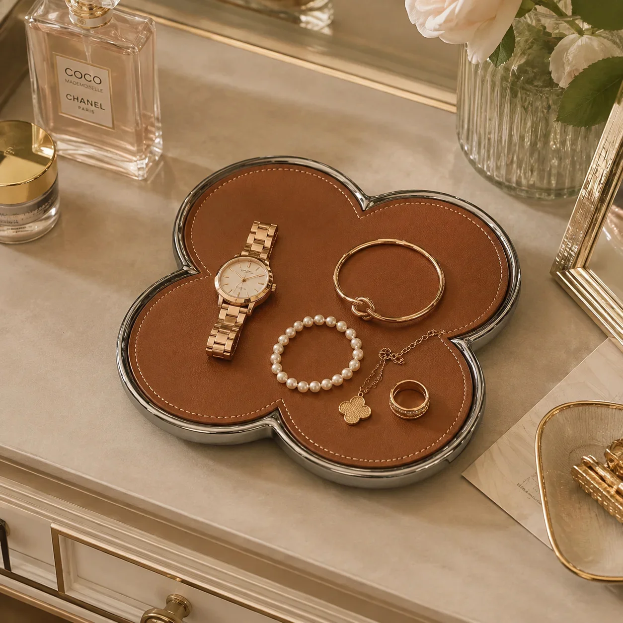 Leather Jewelry Tray Clover Storage Organizer Desktop Valet Tray Trinket Dish Cosmetic Holder Bedroom Makeup Watch Holder Decor