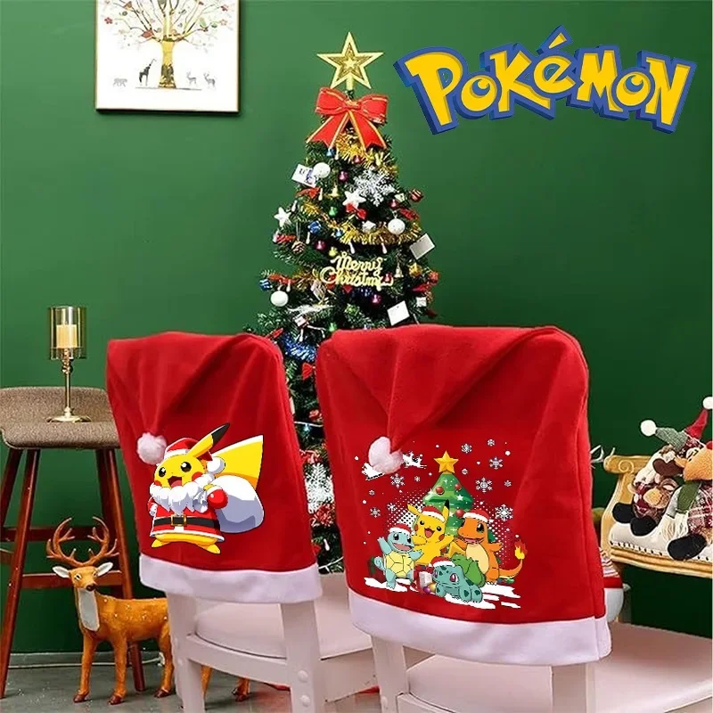 Pokemon Pikachu Christmas Chair Covers New Year Dinner Party Home Decor Xmas Living Room Decorations Cartoon Anime Print Gifts