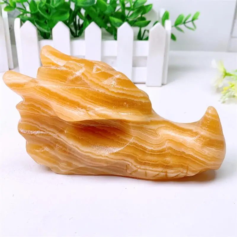 

15CM Natural Orange Calcite Carved Dragon Skull Quartz Crystal, Healing Fashion, Home Decoration Gift