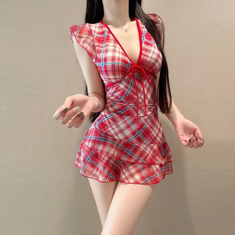 

Women's 2 Piece Monokini Red Plaid Swimsuit Skirt Cover Up Backless Bodycon Bathing Suit With Boyshort Beachwear