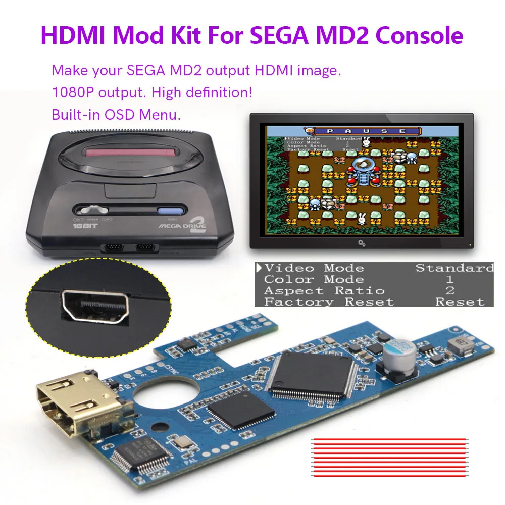 طقم HDMI MOD الداخلي لـ SEGA MD2 لـ SEGA Mega Drive 2 لوحدة التحكم SEGA Genesis 2