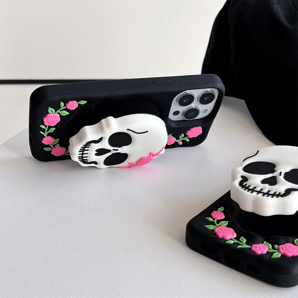Lustige Halloween-Schädelhalterung, weiche Silikonhülle für iPhone 16 Plus 15 14 13 12 11 Pro Max, 3D-Cartoon-Ständerhalter-Abdeckung – Detail 10