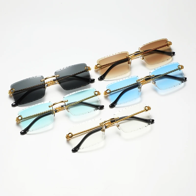 Rimless cutaway square rimmed sunglasses Metal twist mirror legs glasses Summer color street shot sunglasses image 3
