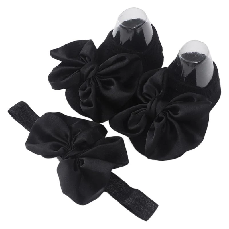76HF Newborn Floor Socks Bowtie Headband Set 2PCS Gender Neutral Floor Socks for Baby Infant 0-1Year Baby Bowknot Hairband
