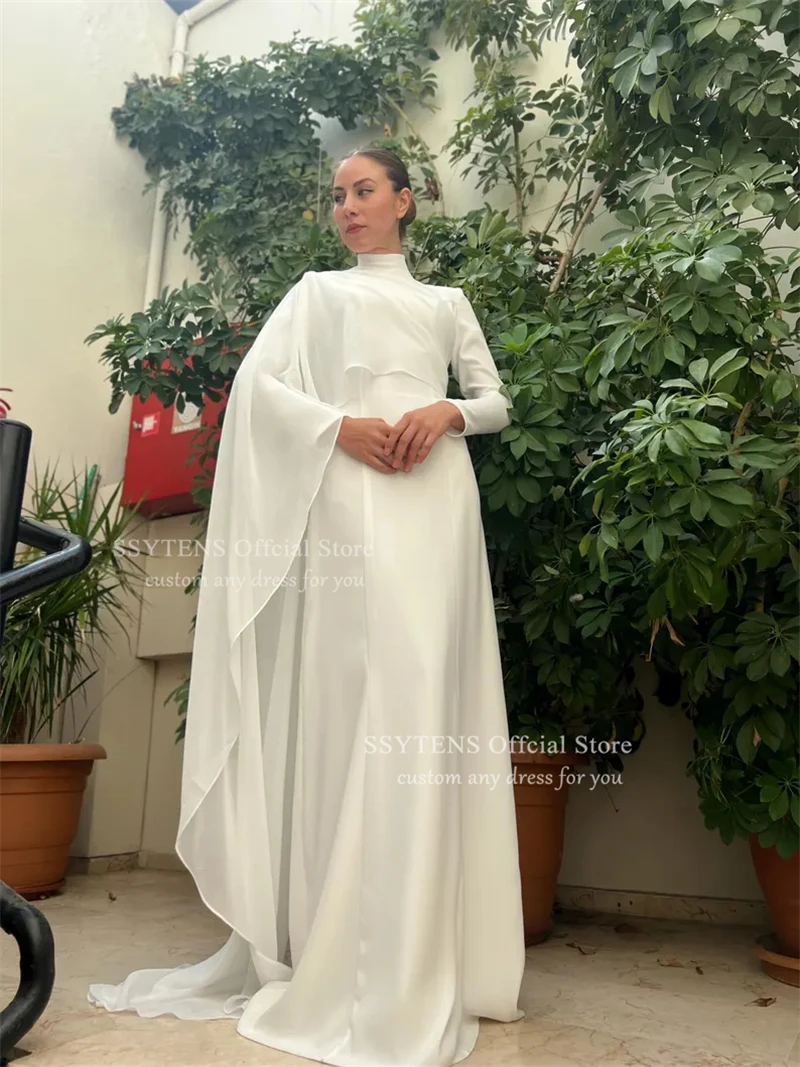 SSYTENS Elegant Long Sleeves Wedding Dresses Chiffon Simple High Neck Civil Bridal Gowns One Shoulder Shawl Customized Vestidos