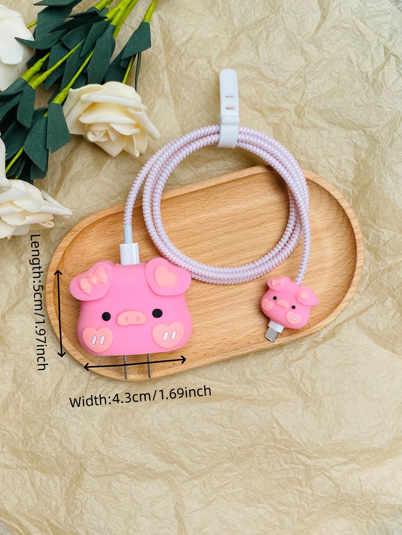 4pcs Pink Pig Design Wall Charger Protective Case And Data Cable Protective Case For 20w Charging Head Set