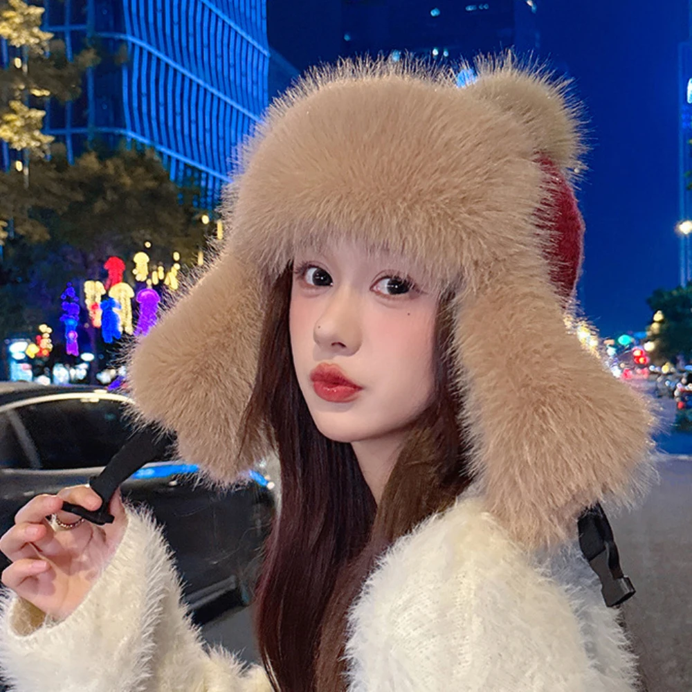 Gorro ruso HT4915 Ushanka, gorro de piel grueso y esponjoso para mujer, gorro con orejeras para esquí y nieve, gorro tejido para mujer, gorros, gorros de bombardero